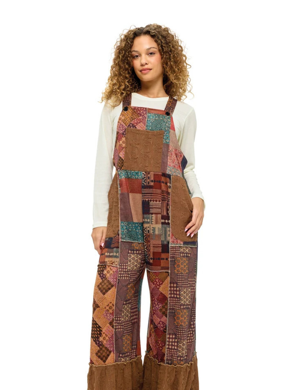 26818 | Yak & Yeti Boho Patchwork Floral Ruffled Hem Overalls | Sizes S/M-L/XL - Picture 2 of 4